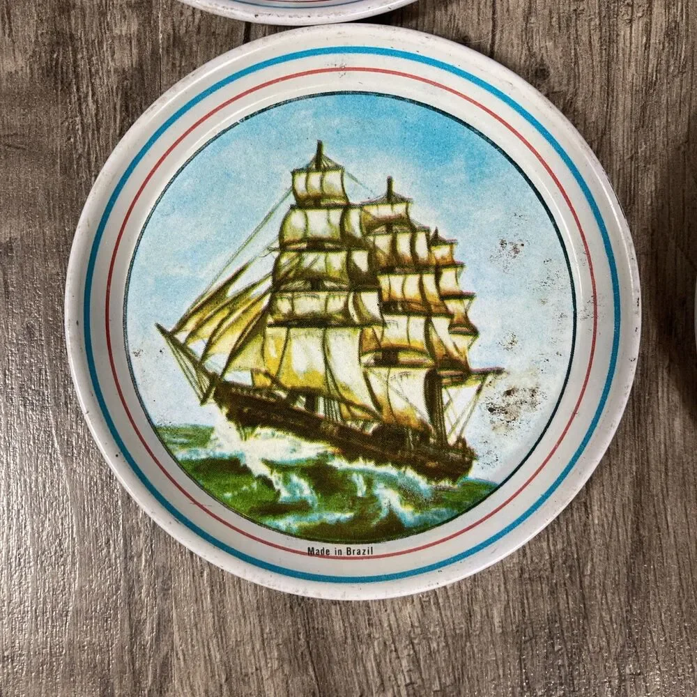 Vintage Tin Metal Coasters Ship Ocean Coastal Beach Nautical Set/9 Made Brazil